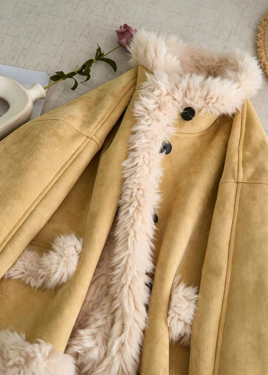 Women Yellow Stand Collar Faux Suede Leather And Fur Jacket Winter