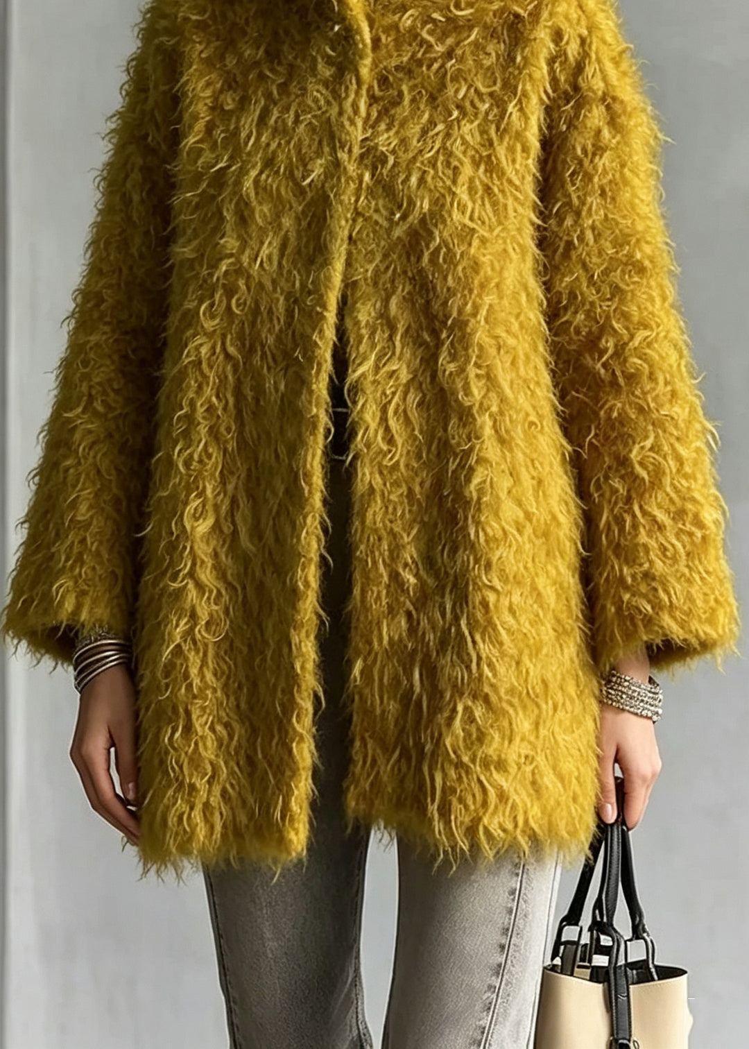 Women Yellow Stand Collar Teddy Faux Fur Coats Fall
