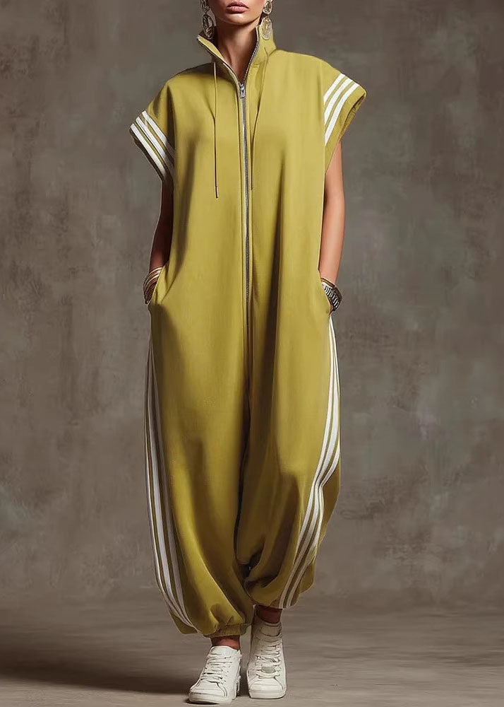 Women Yellow Stand Collar Zip Up Striped Cotton Jumpsuit Summer