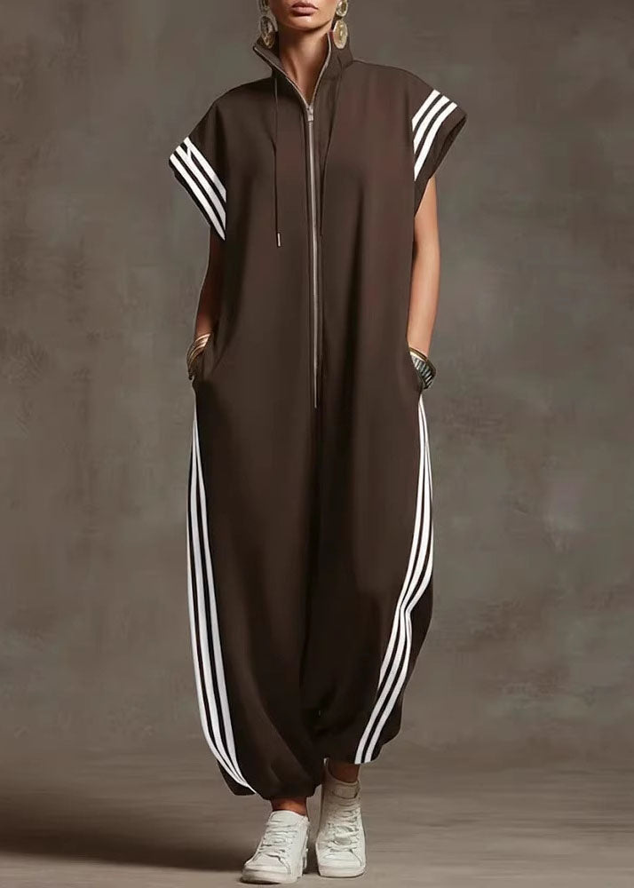 Women Yellow Stand Collar Zip Up Striped Cotton Jumpsuit Summer