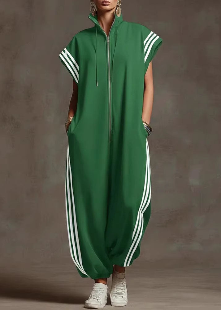 Women Yellow Stand Collar Zip Up Striped Cotton Jumpsuit Summer