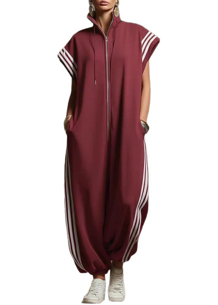 Women Yellow Stand Collar Zip Up Striped Cotton Jumpsuit Summer