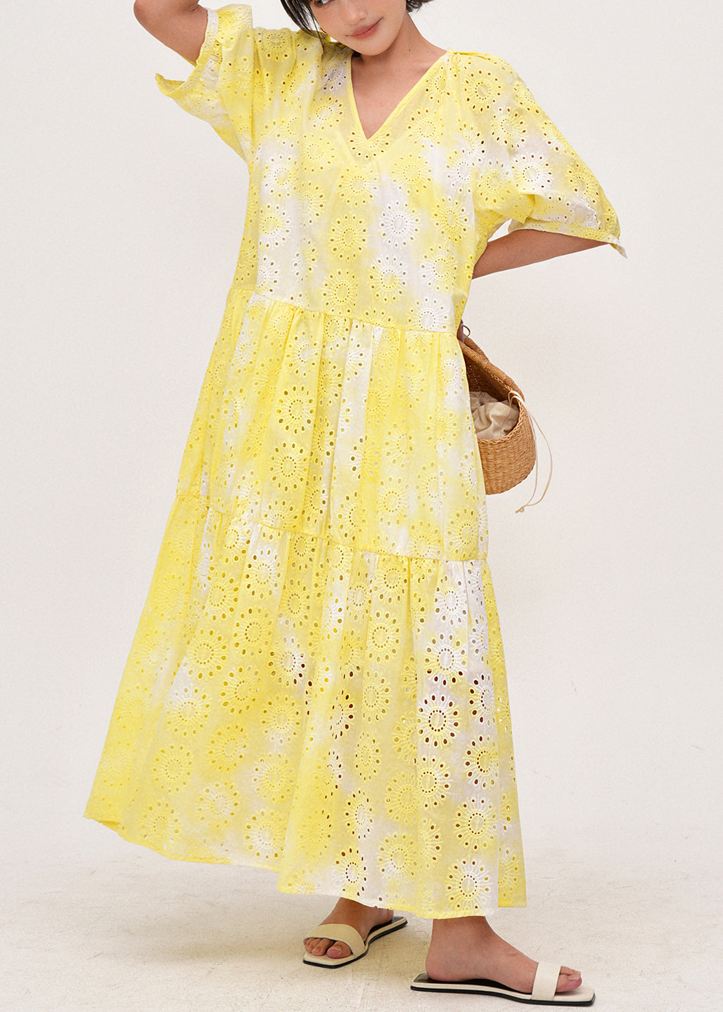 Women Yellow Tie Dye Hollow Out Cotton Holiday Dress Summer