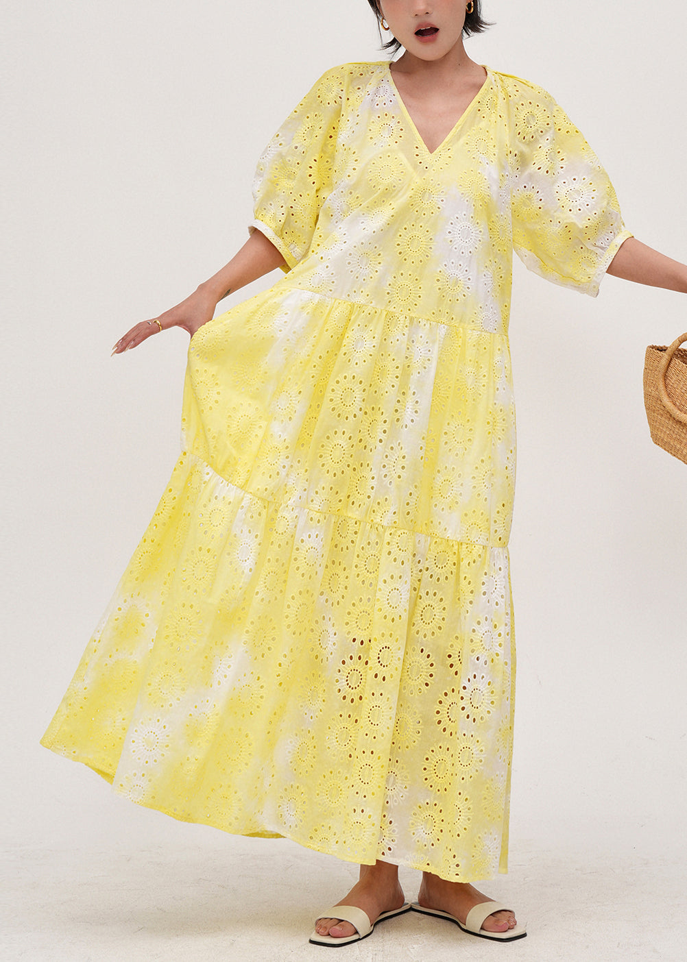 Women Yellow Tie Dye Hollow Out Cotton Holiday Dress Summer