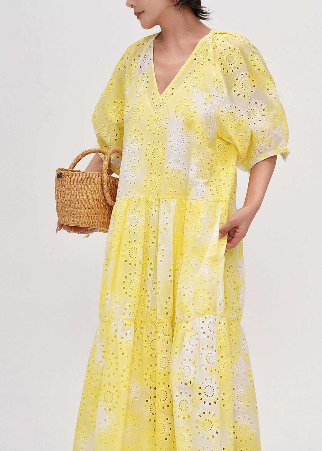 Women Yellow Tie Dye Hollow Out Cotton Holiday Dress Summer