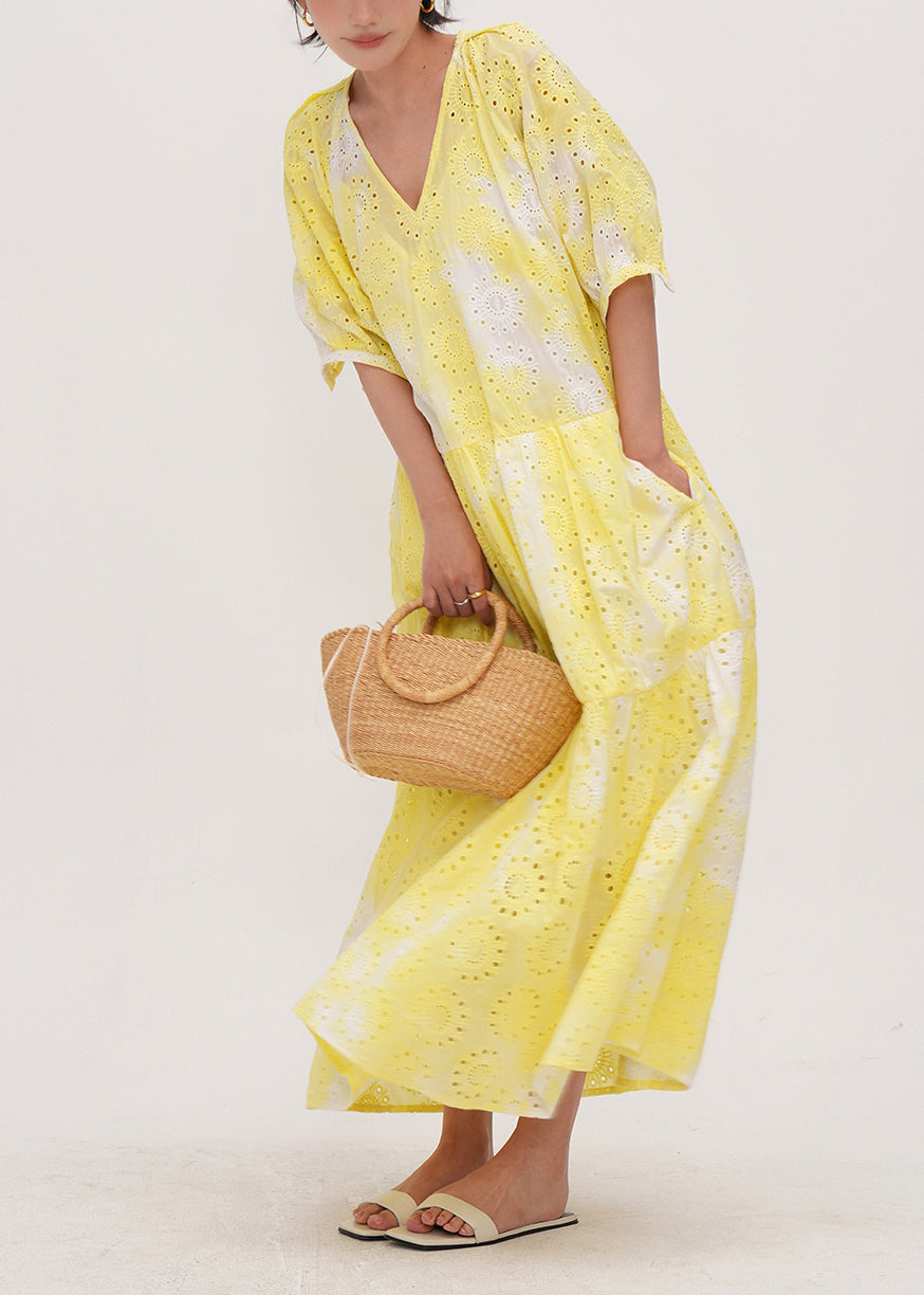 Women Yellow Tie Dye Hollow Out Cotton Holiday Dress Summer