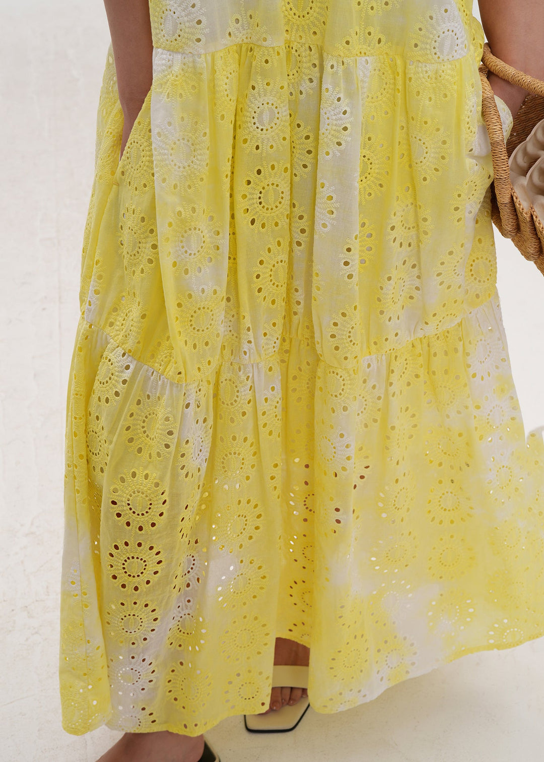 Women Yellow Tie Dye Hollow Out Cotton Holiday Dress Summer