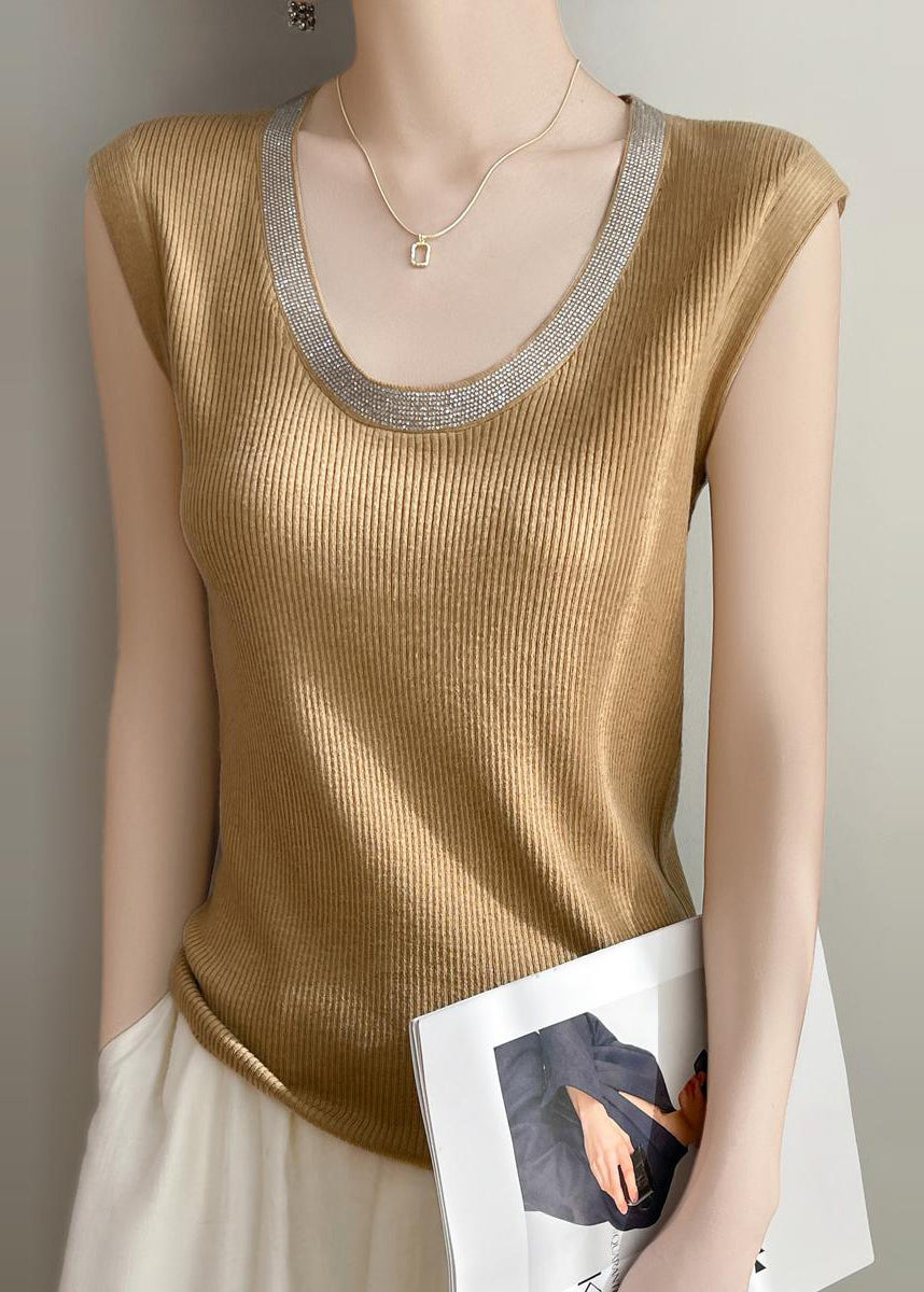 Women Yellow U Neck Patchwork Knit Tank Summer