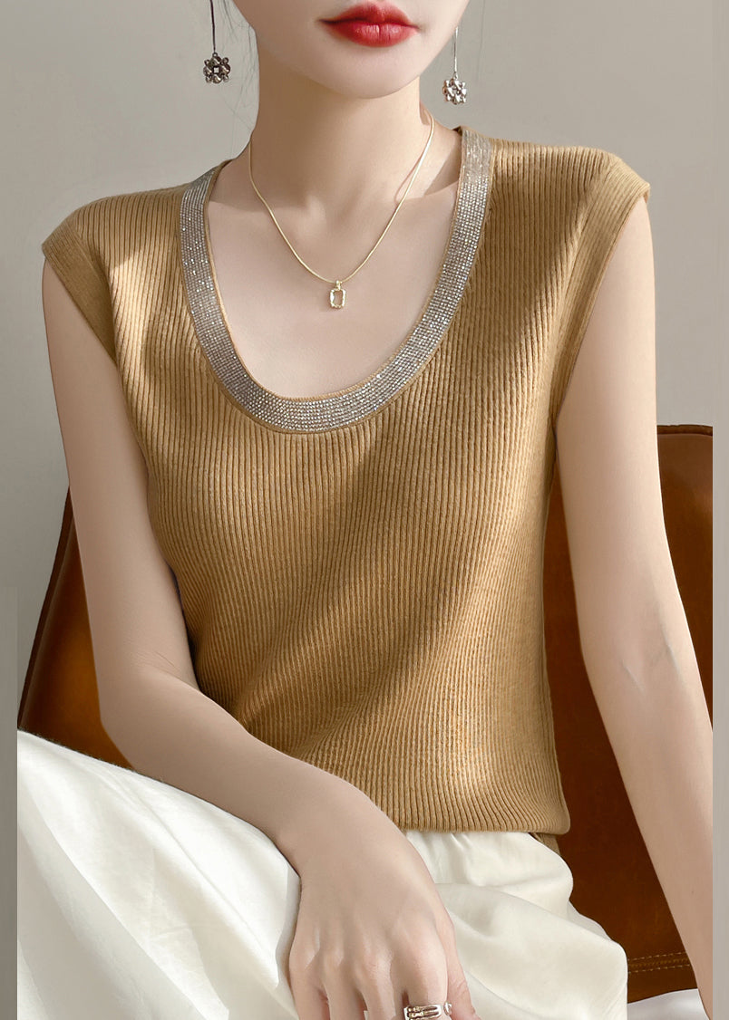 Women Yellow U Neck Patchwork Knit Tank Summer