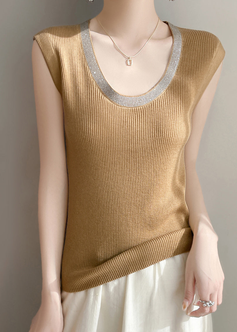 Women Yellow U Neck Patchwork Knit Tank Summer