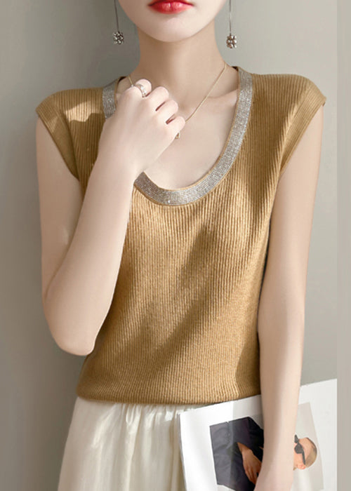 Women Yellow U Neck Patchwork Knit Tank Summer