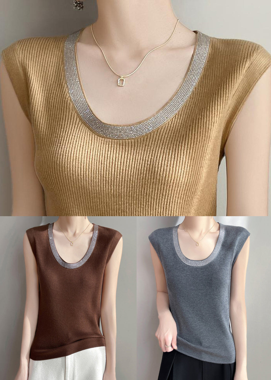 Women Yellow U Neck Patchwork Knit Tank Summer