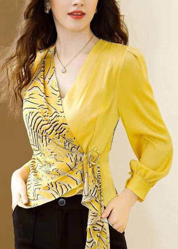 Women Yellow V Neck Asymmetrical Print Chiffon Tops Spring