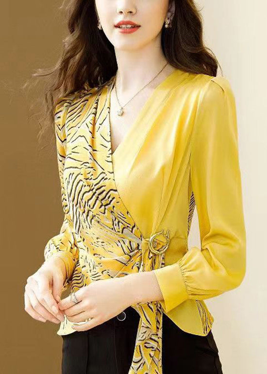 Women Yellow V Neck Asymmetrical Print Chiffon Tops Spring