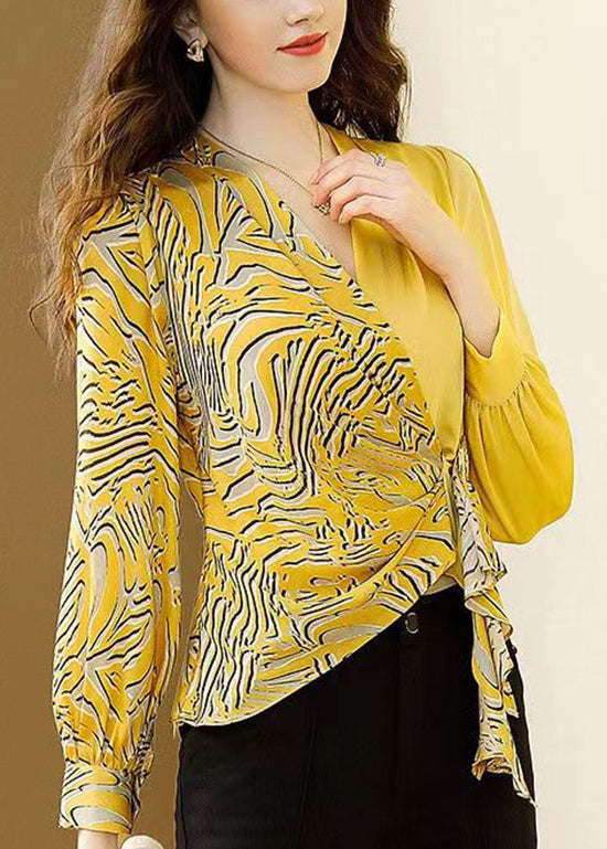 Women Yellow V Neck Asymmetrical Print Chiffon Tops Spring