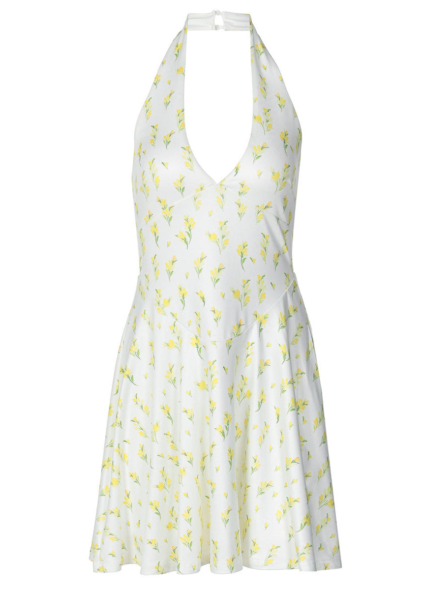 Women Yellow V Neck Backless Print Mini Dresses Summer