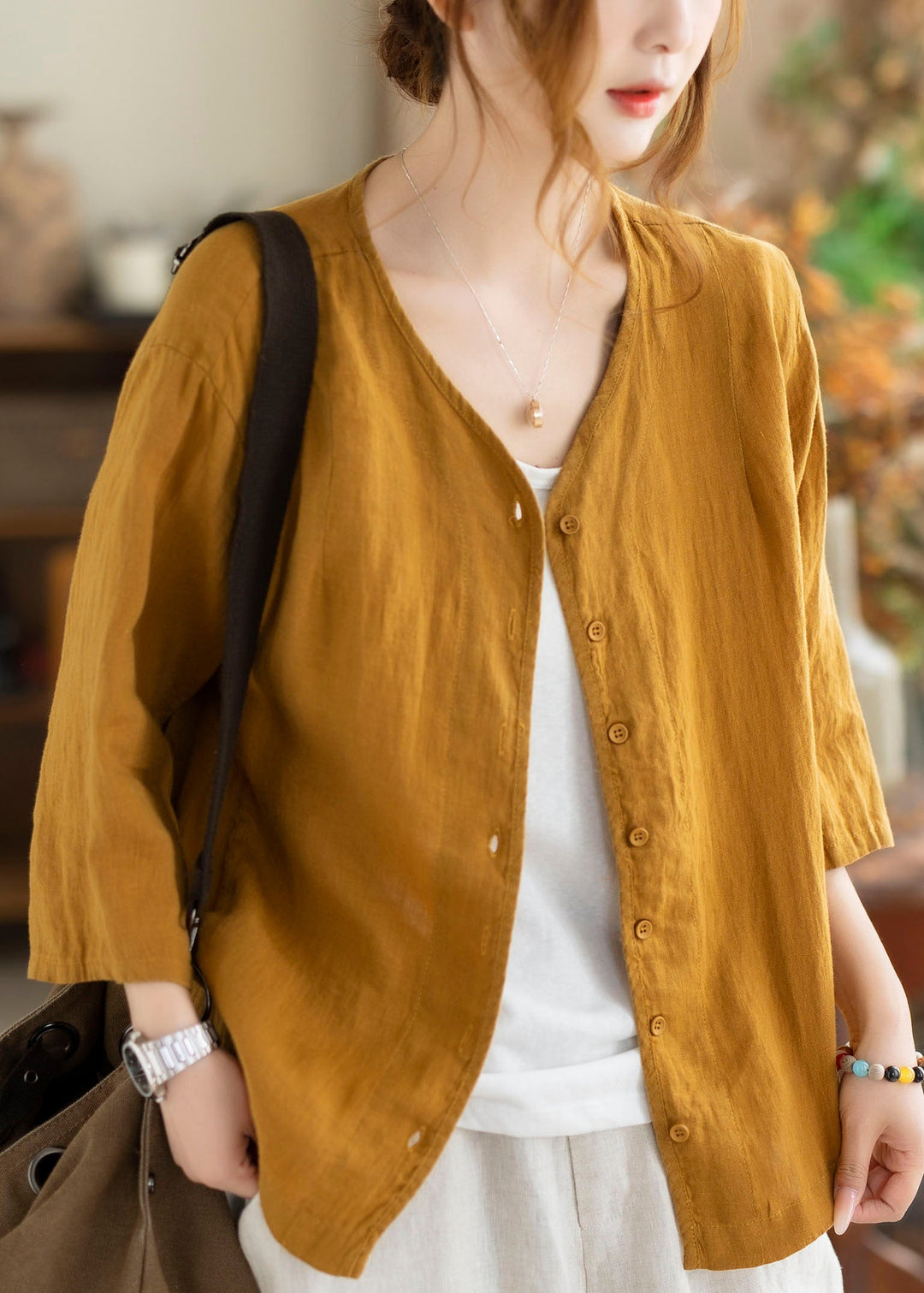 Women Yellow V Neck Button Linen Cardigans Summer