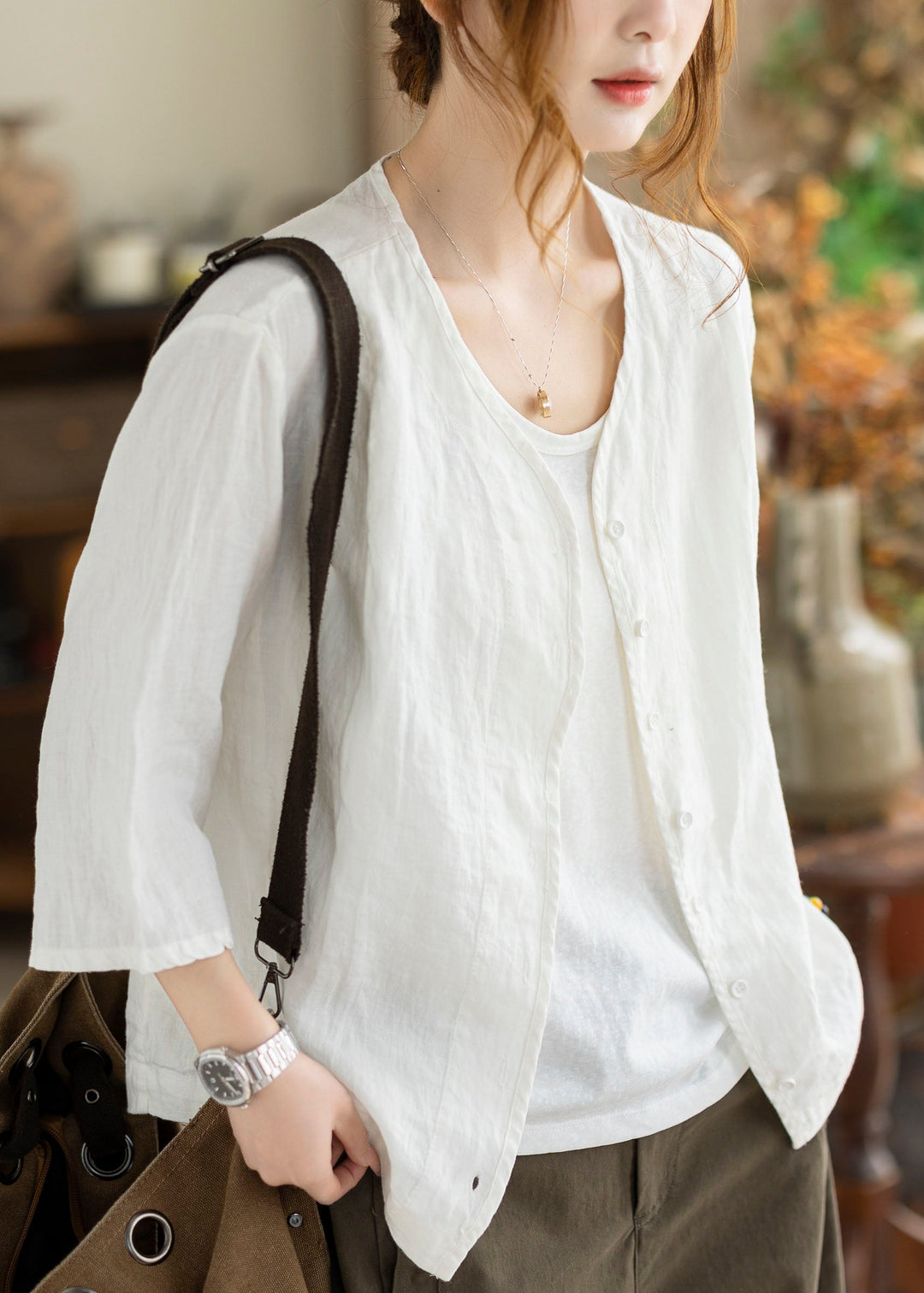 Women Yellow V Neck Button Linen Cardigans Summer