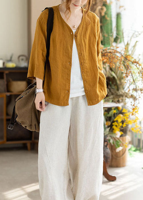 Women Yellow V Neck Button Linen Cardigans Summer