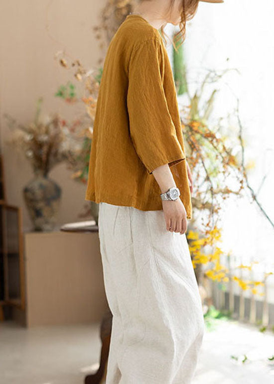 Women Yellow V Neck Button Linen Cardigans Summer