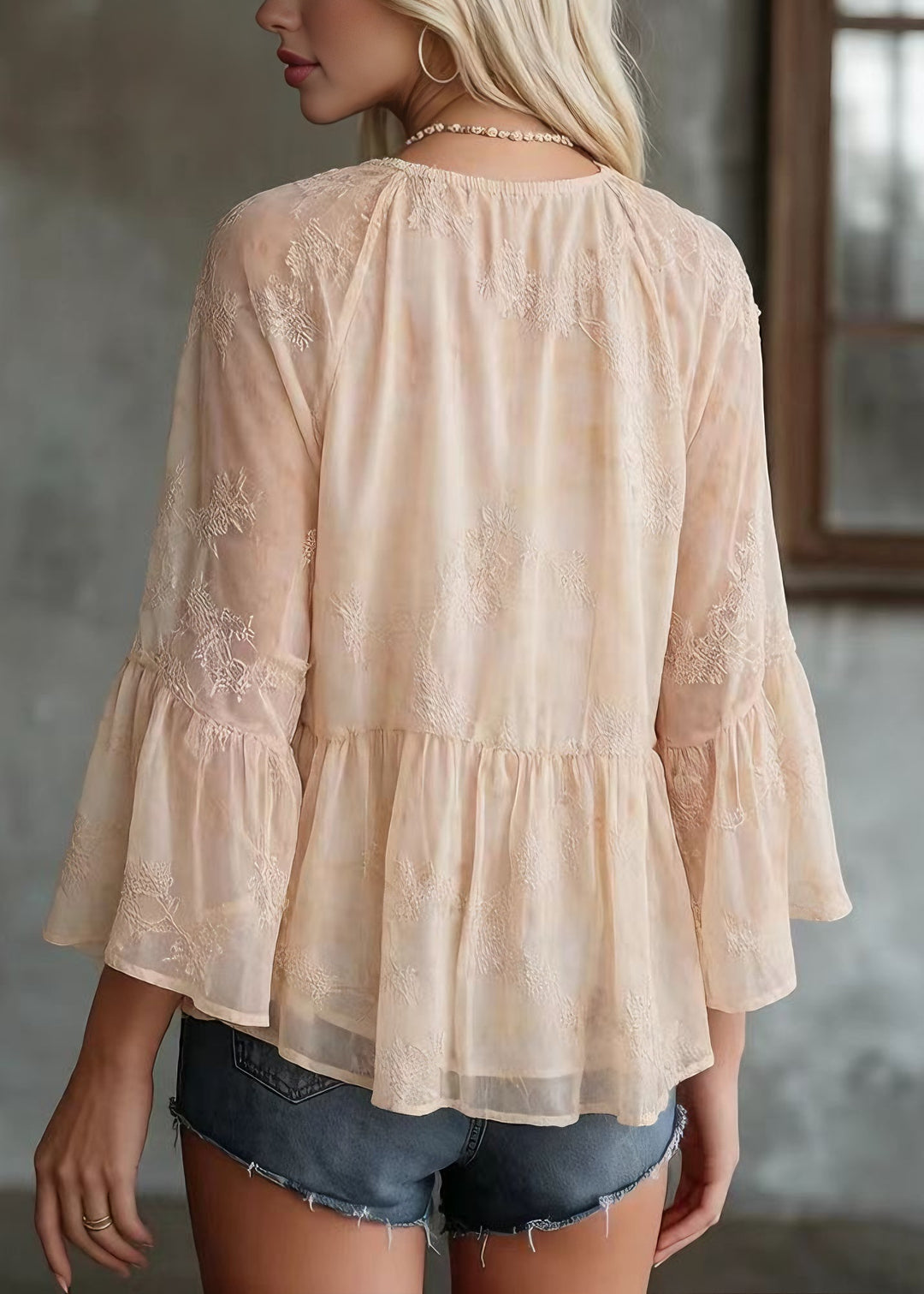 Women Yellow V Neck Patchwork Chiffon Top Bracelet Sleeve