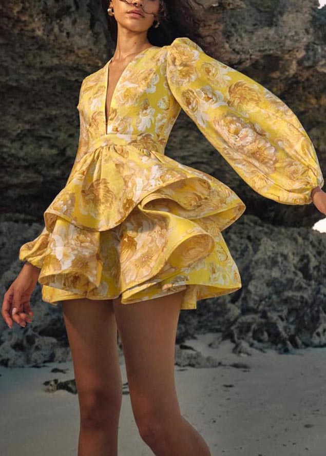 Women Yellow V Neck Print Mini Dress Lantern Sleeve