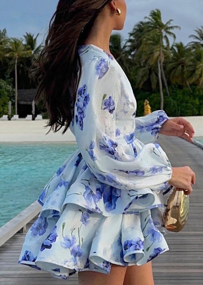 Women Yellow V Neck Print Mini Dress Lantern Sleeve