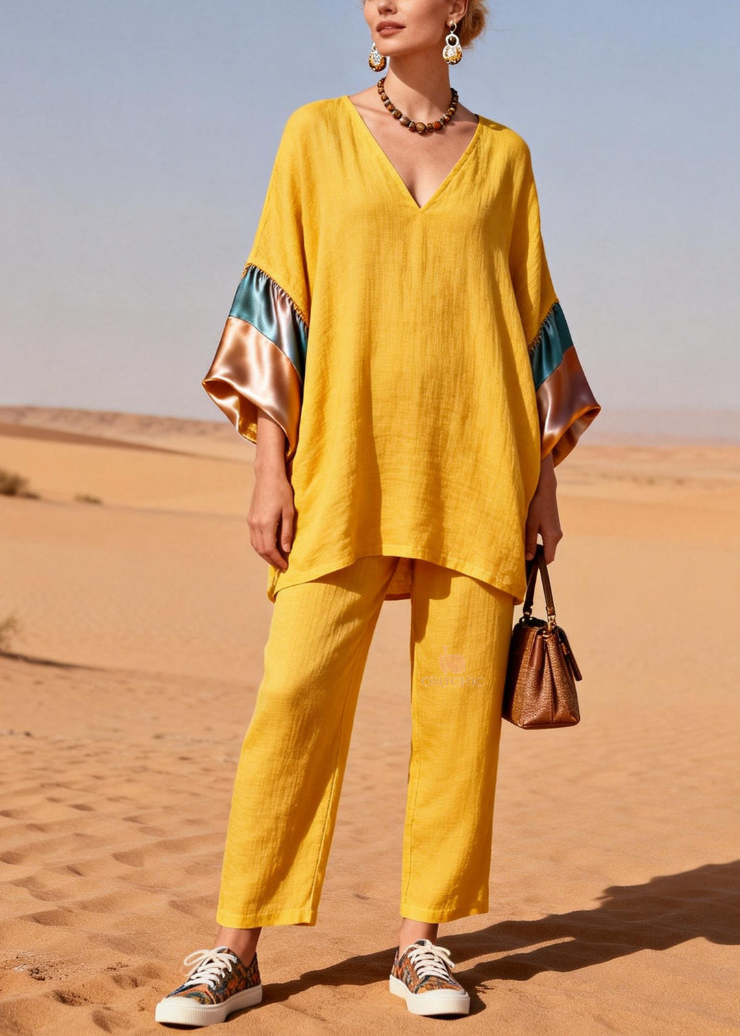 Women Yellow V Neck Silk Patchwork Linen Two Piece Set Summer