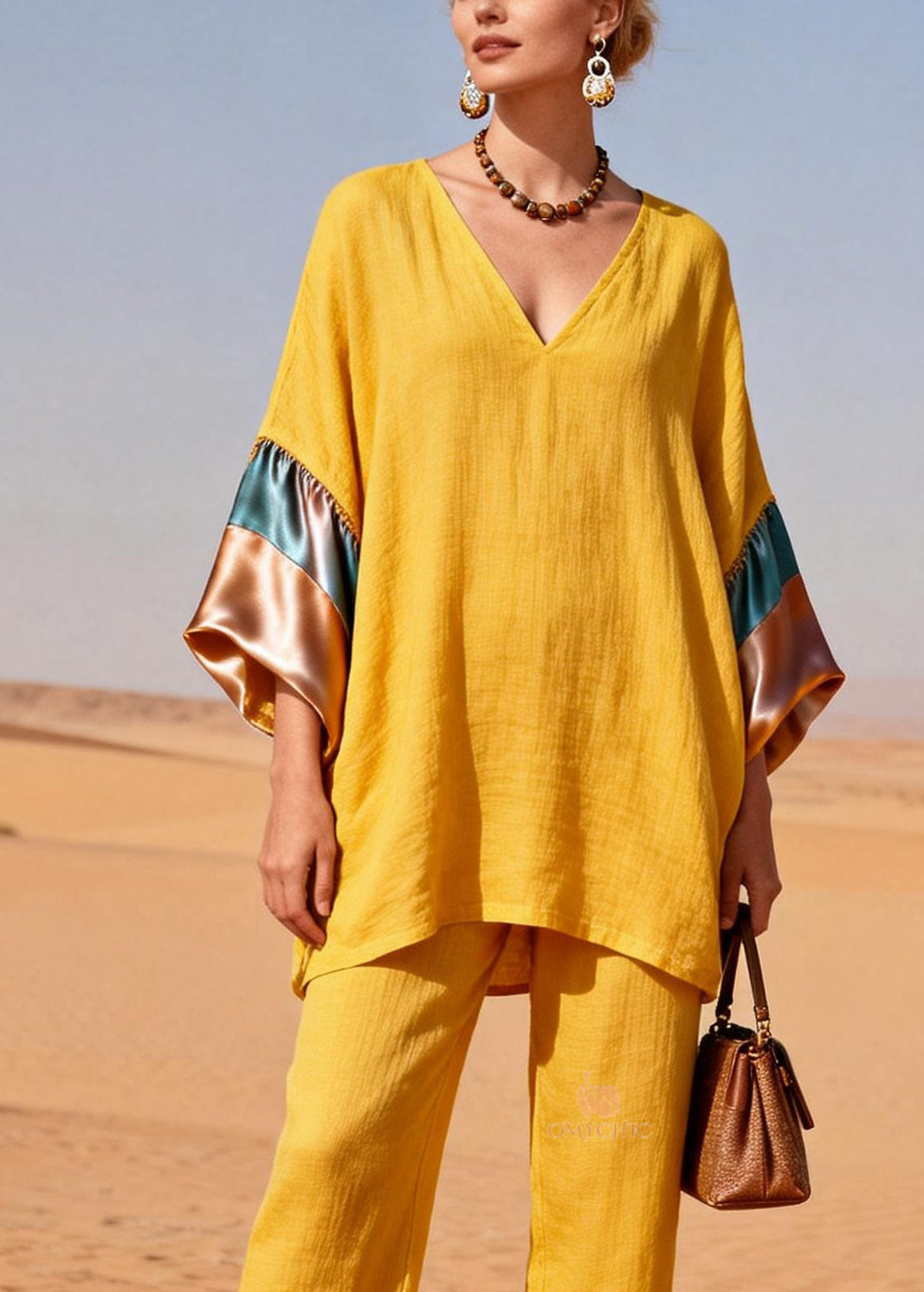 Women Yellow V Neck Silk Patchwork Linen Two Piece Set Summer