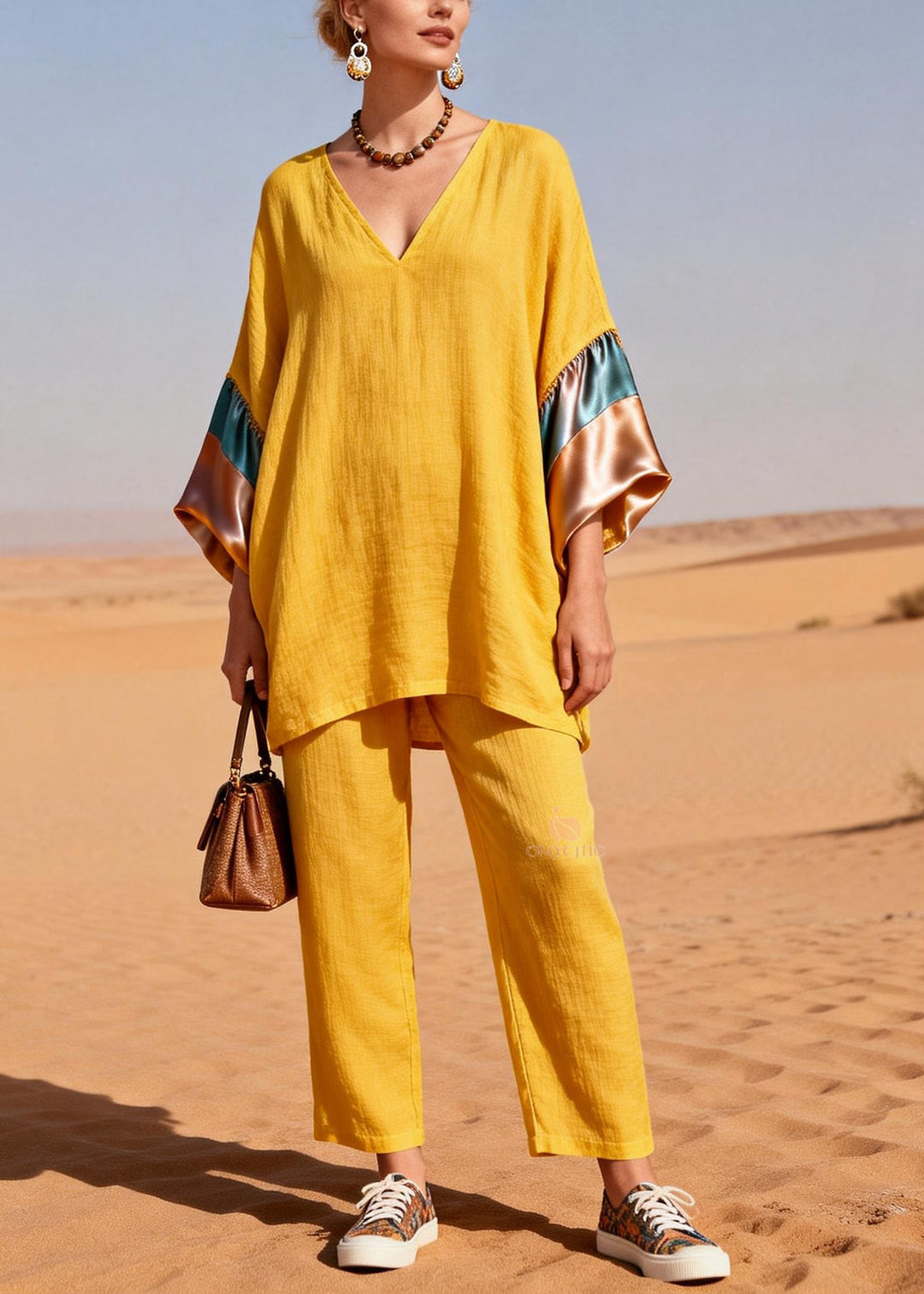 Women Yellow V Neck Silk Patchwork Linen Two Piece Set Summer