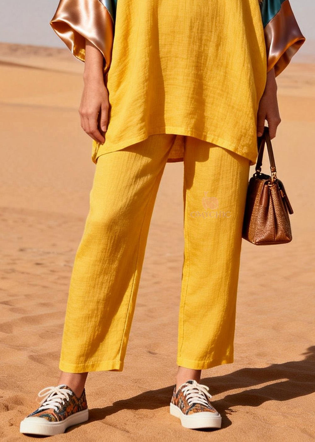 Women Yellow V Neck Silk Patchwork Linen Two Piece Set Summer