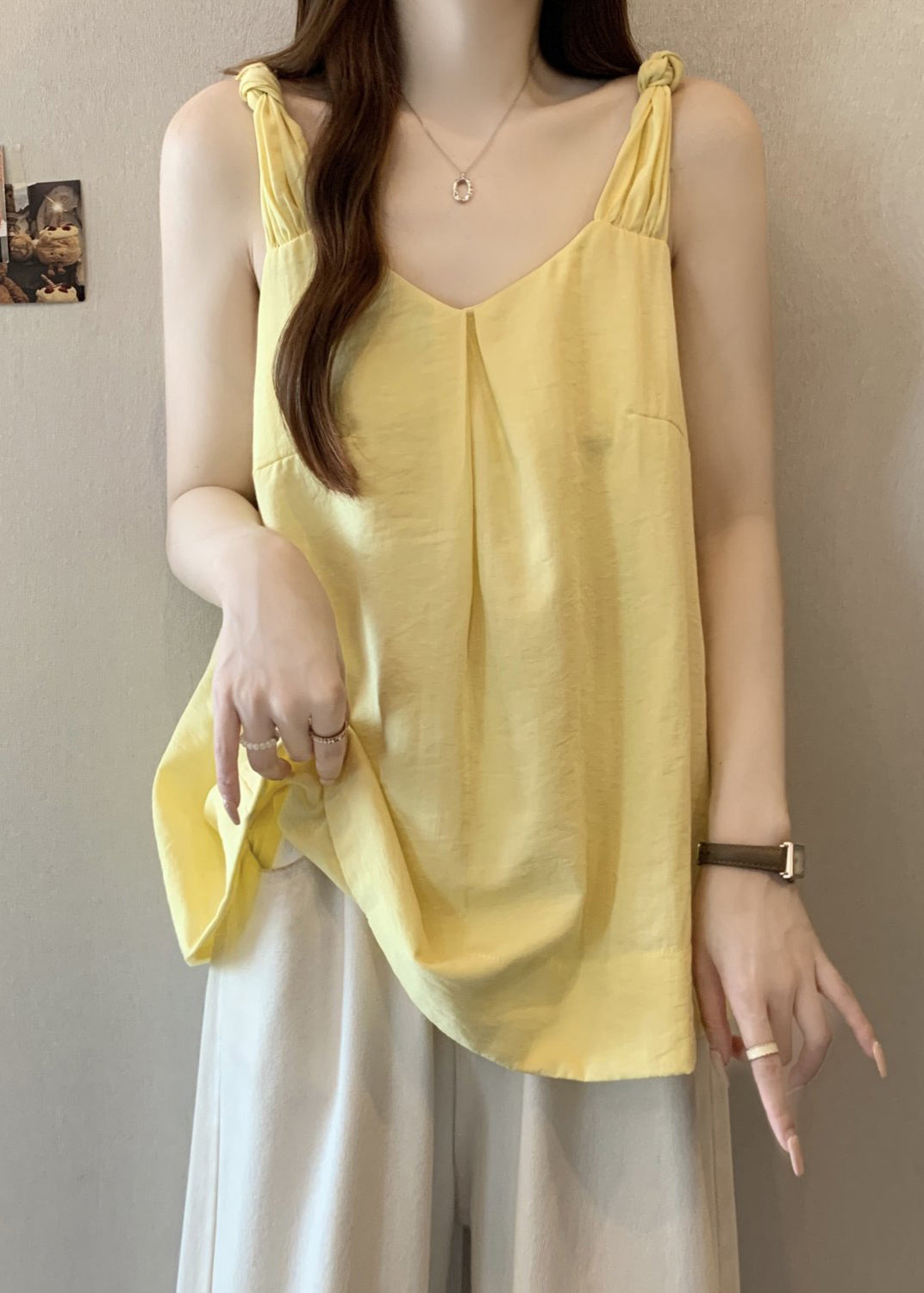 Women Yellow V Neck Solid Cotton Tank Sleeveless