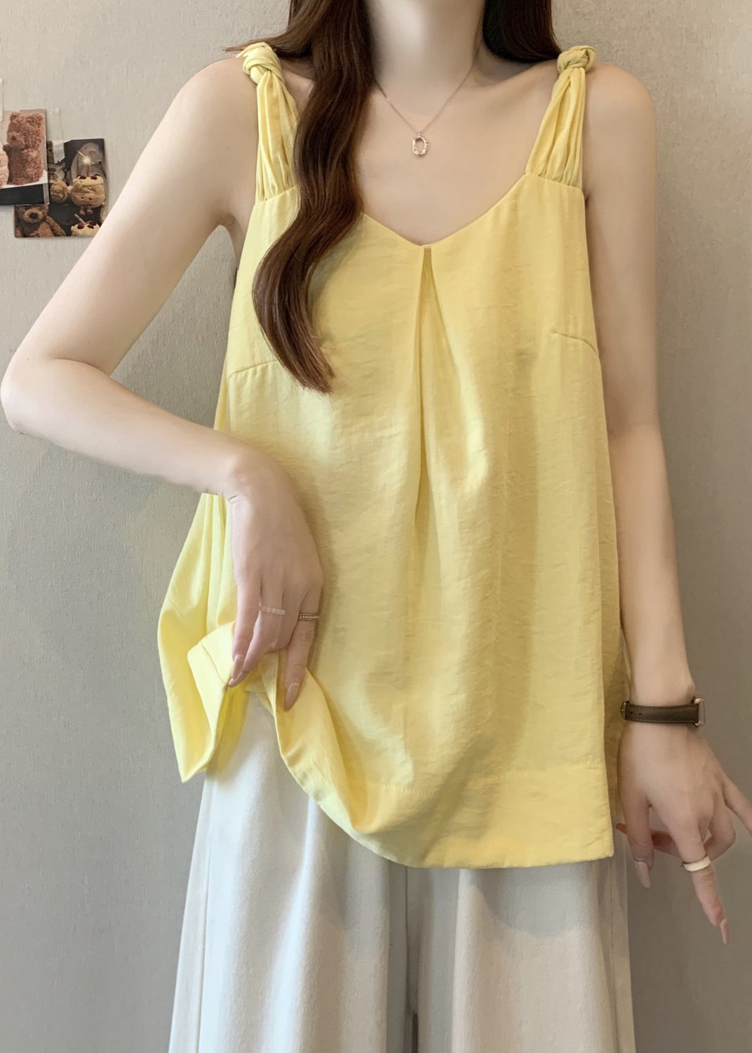Women Yellow V Neck Solid Cotton Tank Sleeveless
