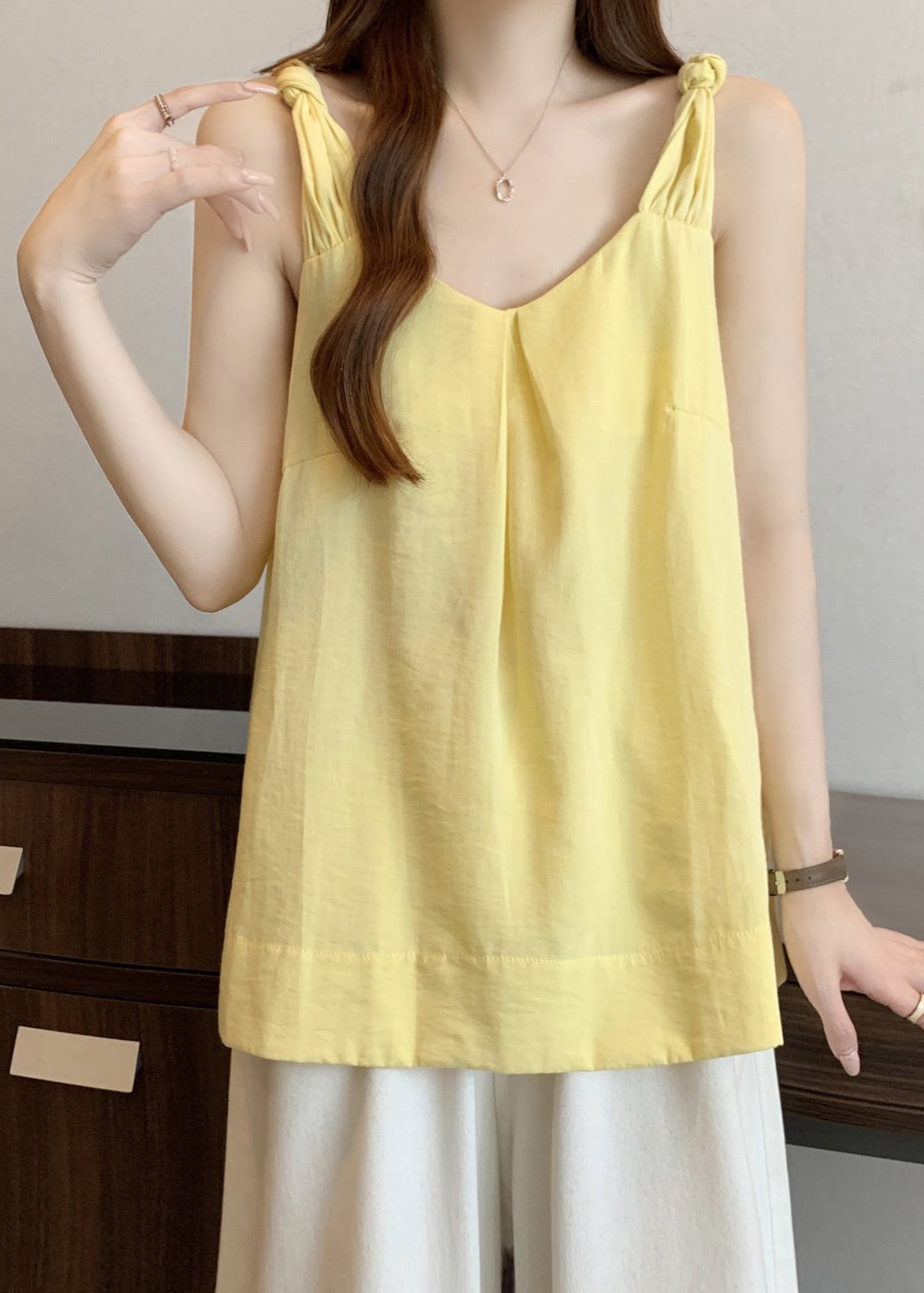 Women Yellow V Neck Solid Cotton Tank Sleeveless