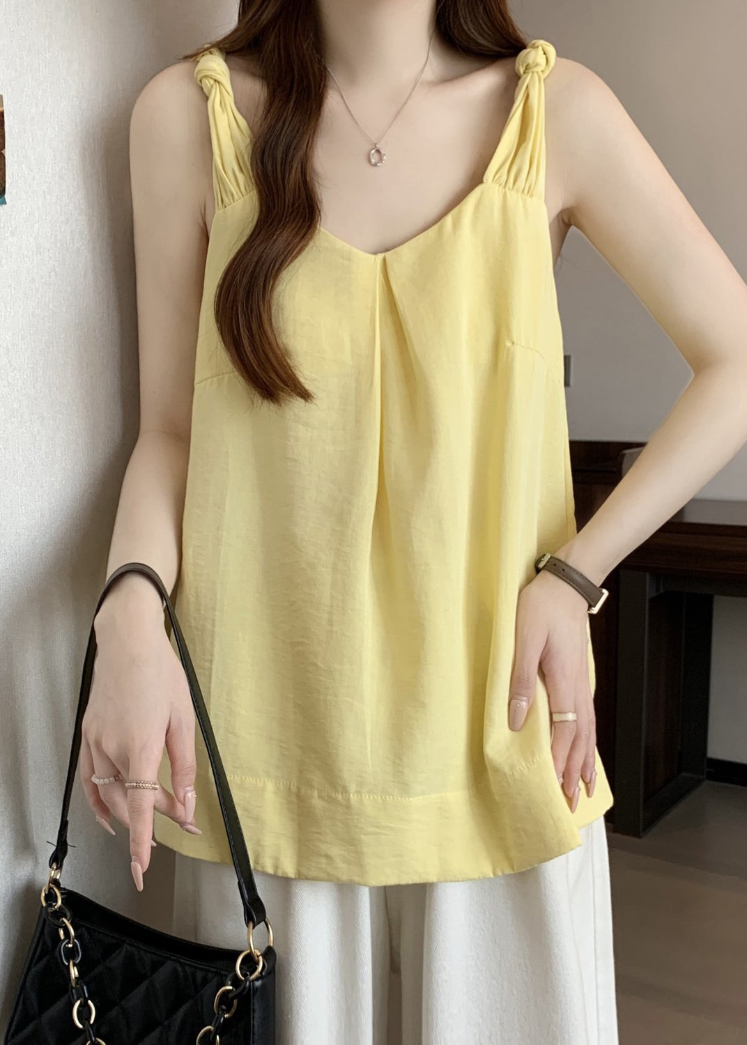 Women Yellow V Neck Solid Cotton Tank Sleeveless