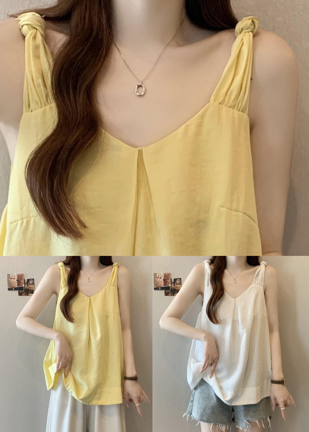 Women Yellow V Neck Solid Cotton Tank Sleeveless