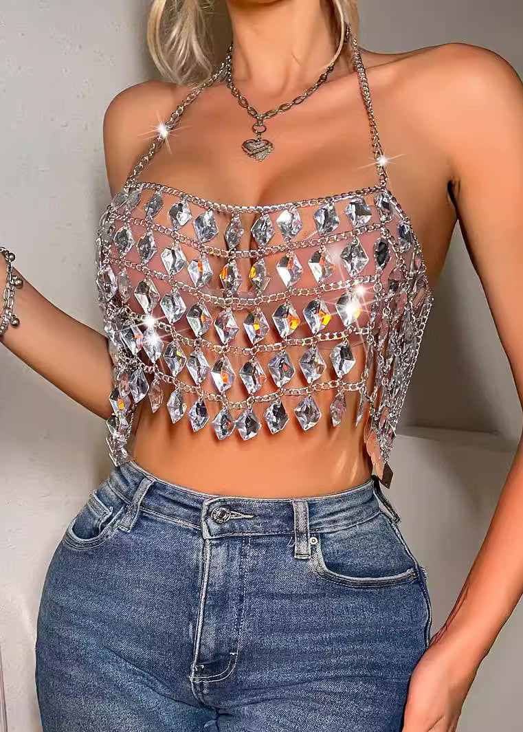Women's Handmade Hollow Gemstone Hanging Neck And Backless Tops Summer