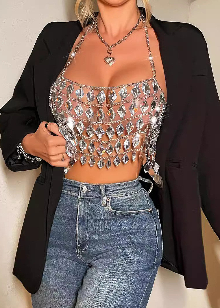 Women's Handmade Hollow Gemstone Hanging Neck And Backless Tops Summer