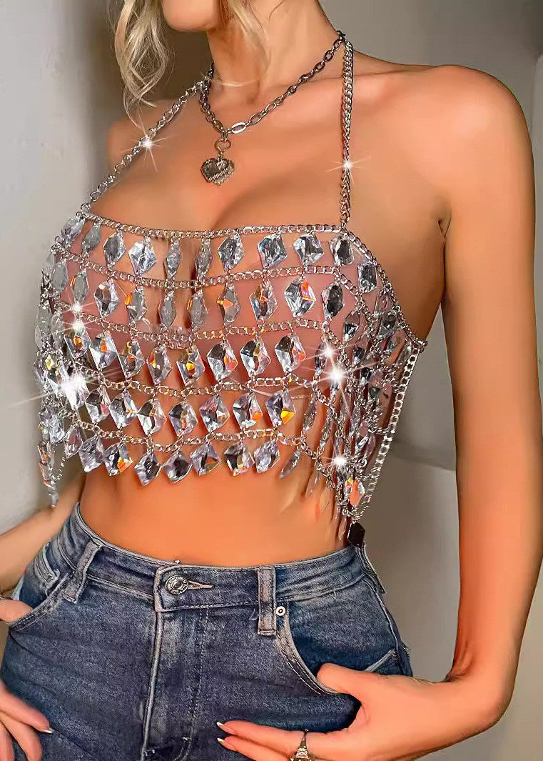 Women's Handmade Hollow Gemstone Hanging Neck And Backless Tops Summer