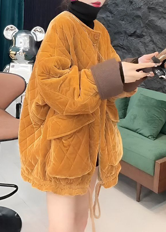 Yellow Button Pockets Cotton Filled Winter Parkas O Neck