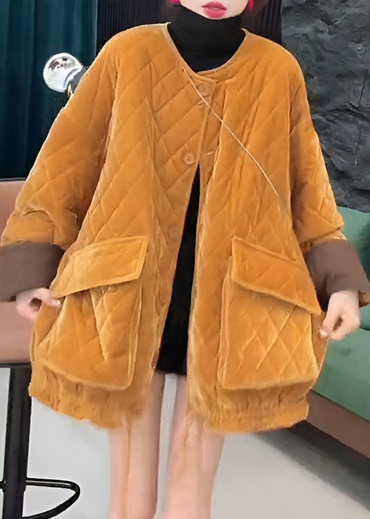 Yellow Button Pockets Cotton Filled Winter Parkas O Neck