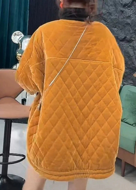 Yellow Button Pockets Cotton Filled Winter Parkas O Neck