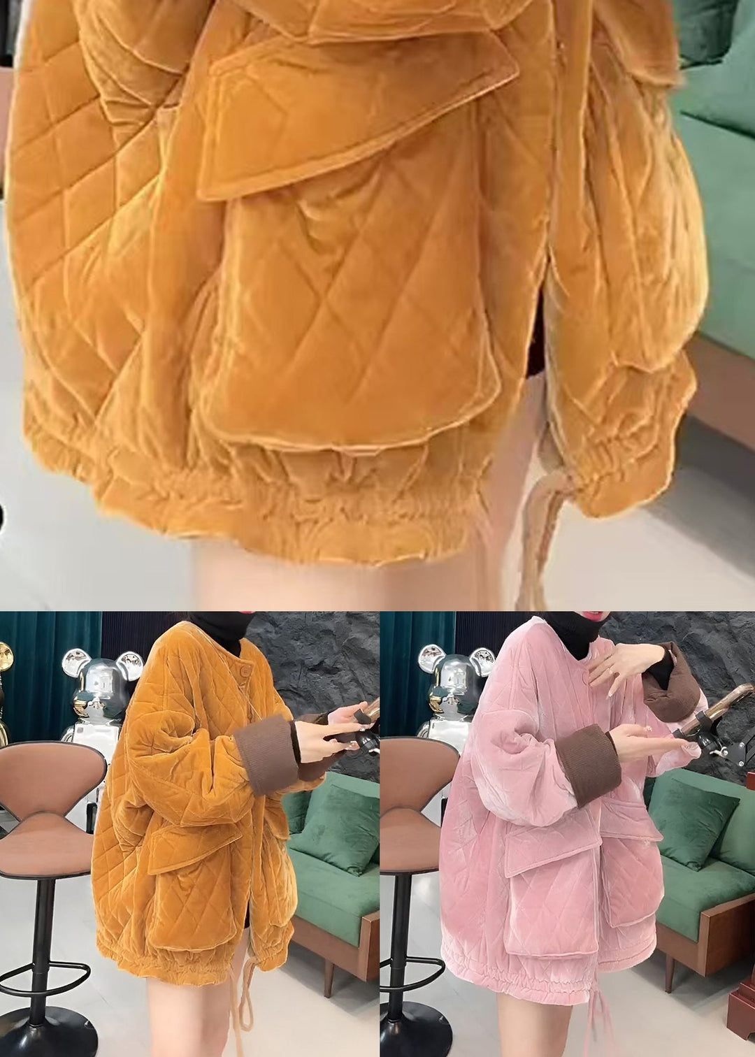 Yellow Button Pockets Cotton Filled Winter Parkas O Neck