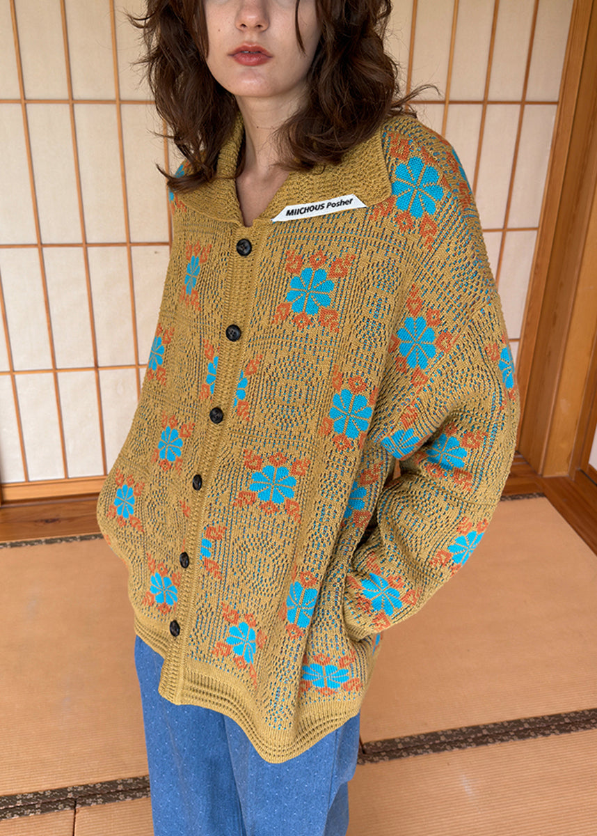 Yellow Button Pockets Cozy Knitted Cotton Coat Peter Pan Collar