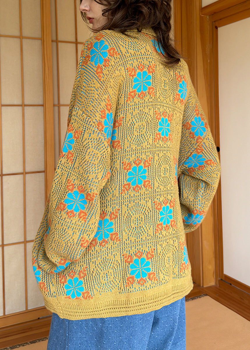 Yellow Button Pockets Cozy Knitted Cotton Coat Peter Pan Collar