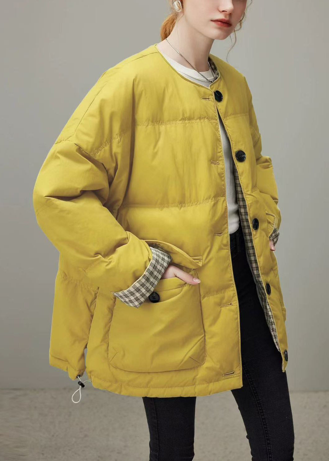 Yellow Button Pockets Duck Down Winter Coats O Neck