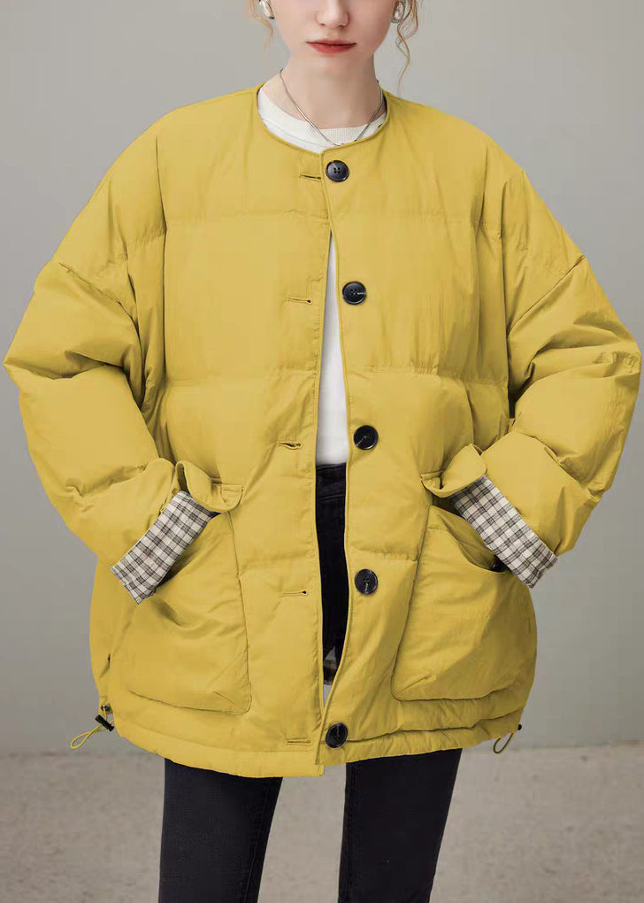 Yellow Button Pockets Duck Down Winter Coats O Neck