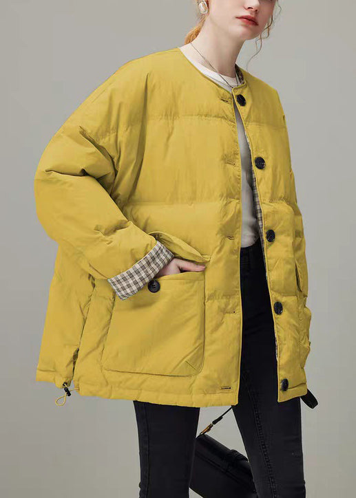 Yellow Button Pockets Duck Down Winter Coats O Neck