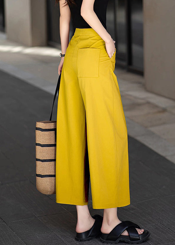 Yellow Button Pockets Solid Cotton Summer Crop Pants High Waist