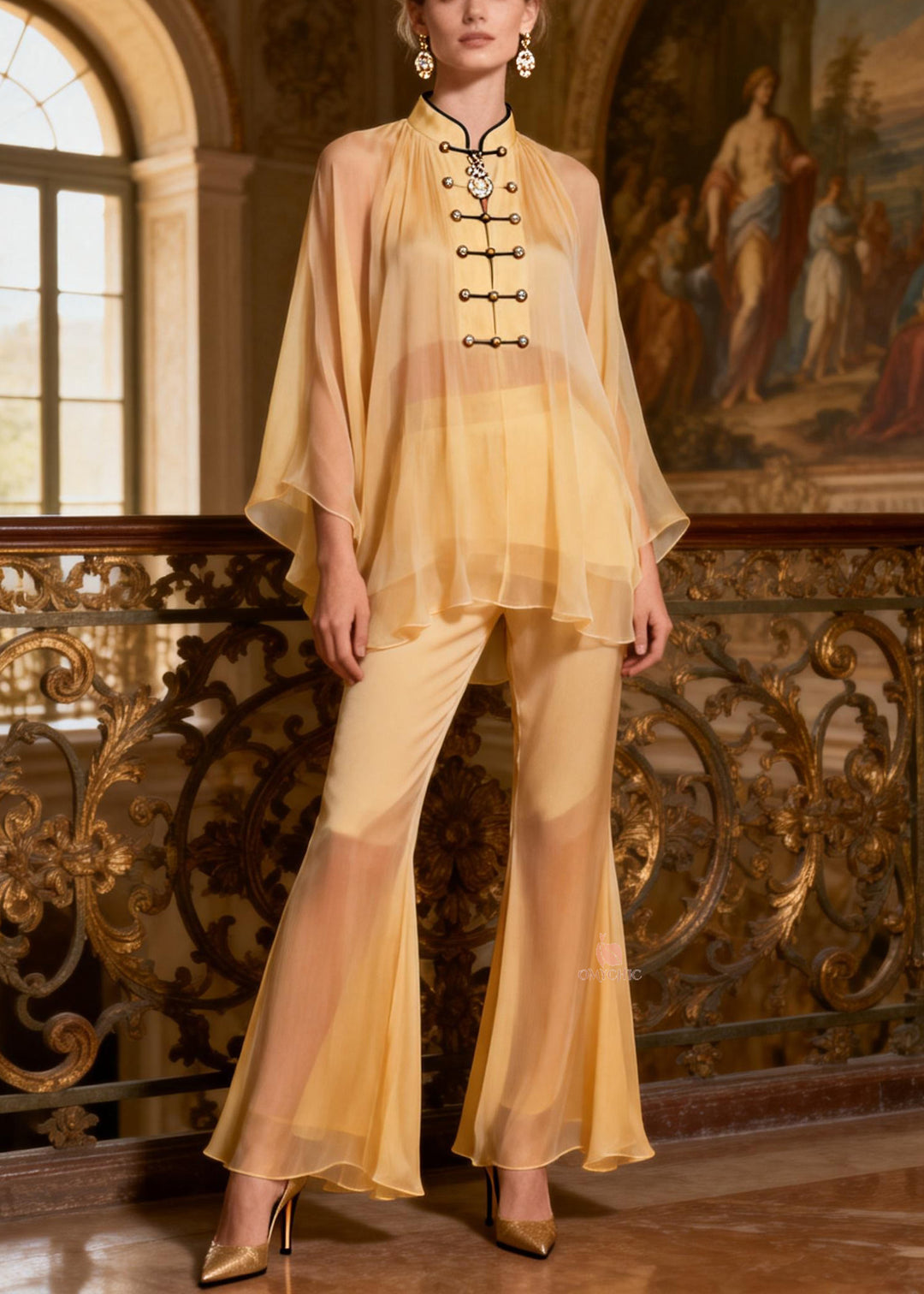 Yellow Button Shirts And Flare Bottoms Patchwork Chiffon Two Pieces Set Stand Collar Spring